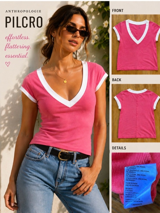 Pilcro Tops - Pilcro (Anthropologie) Pink V-Neck Crop Tee with White Trim